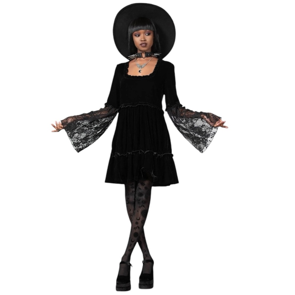 Killstar Prudence Black Velvet Goth Lace Bell Sleeves Oversized Dress XL NWT - Picture 3 of 15